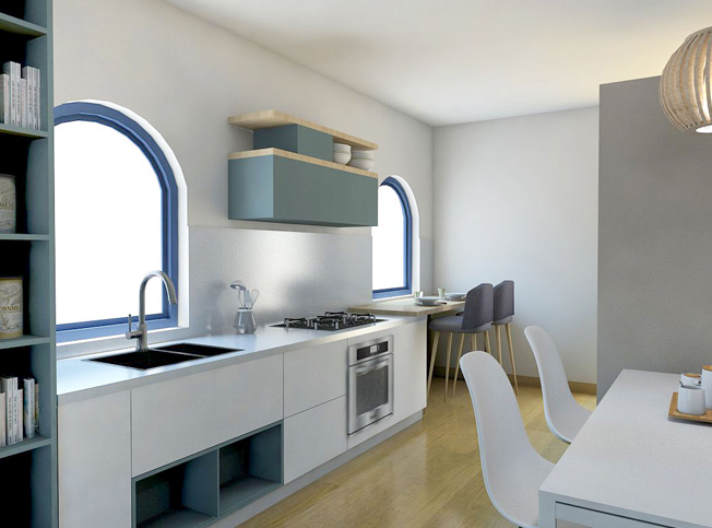 Zona giorno, cucina e tavolo da pranzo appartamento, architetto online StudioExnovo Roma