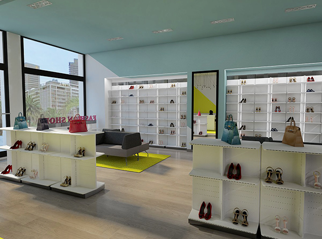 Allestimento negozio calzature, sistema di arredi, architetto online StudioExnovo Roma