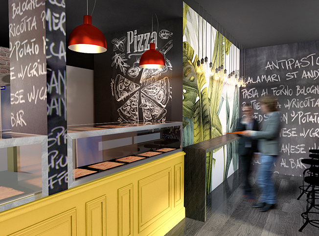 Restyling pizzeria, banco esposizione pizza, architetto online StudioExnovo Roma