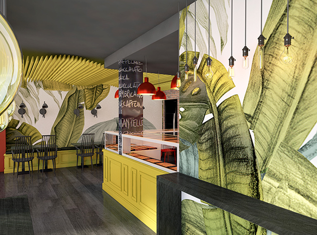 Restyling pizzeria, arredo con carta da parati, architetto online StudioExnovo Roma