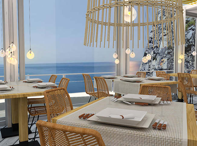 Progetto stabilimento balneare, vista ristorante dall'interno, architetto online StudioExnovo Roma