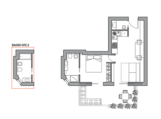 Planimetria bilocale arredata, architetto online StudioExnovo Roma