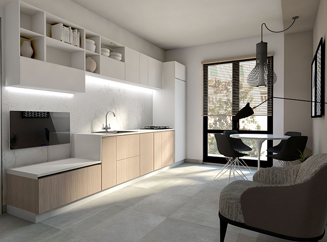 open space moderno soggiorno cucina, architetto online StudioExnovo Roma