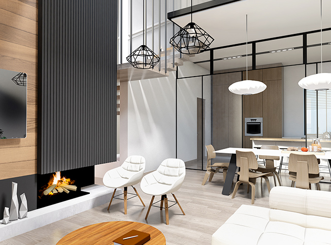 Progettazione villa, soggiorno con camino, architetto online StudioExnovo Roma