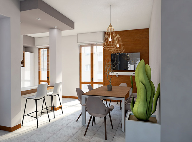 Zona giorno cucina e tavolo da pranzo appartamento, architetto online StudioExnovo Roma