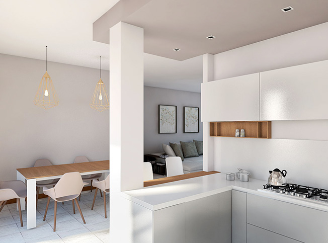 Zona living vista dalla cucina, architetto online StudioExnovo Roma